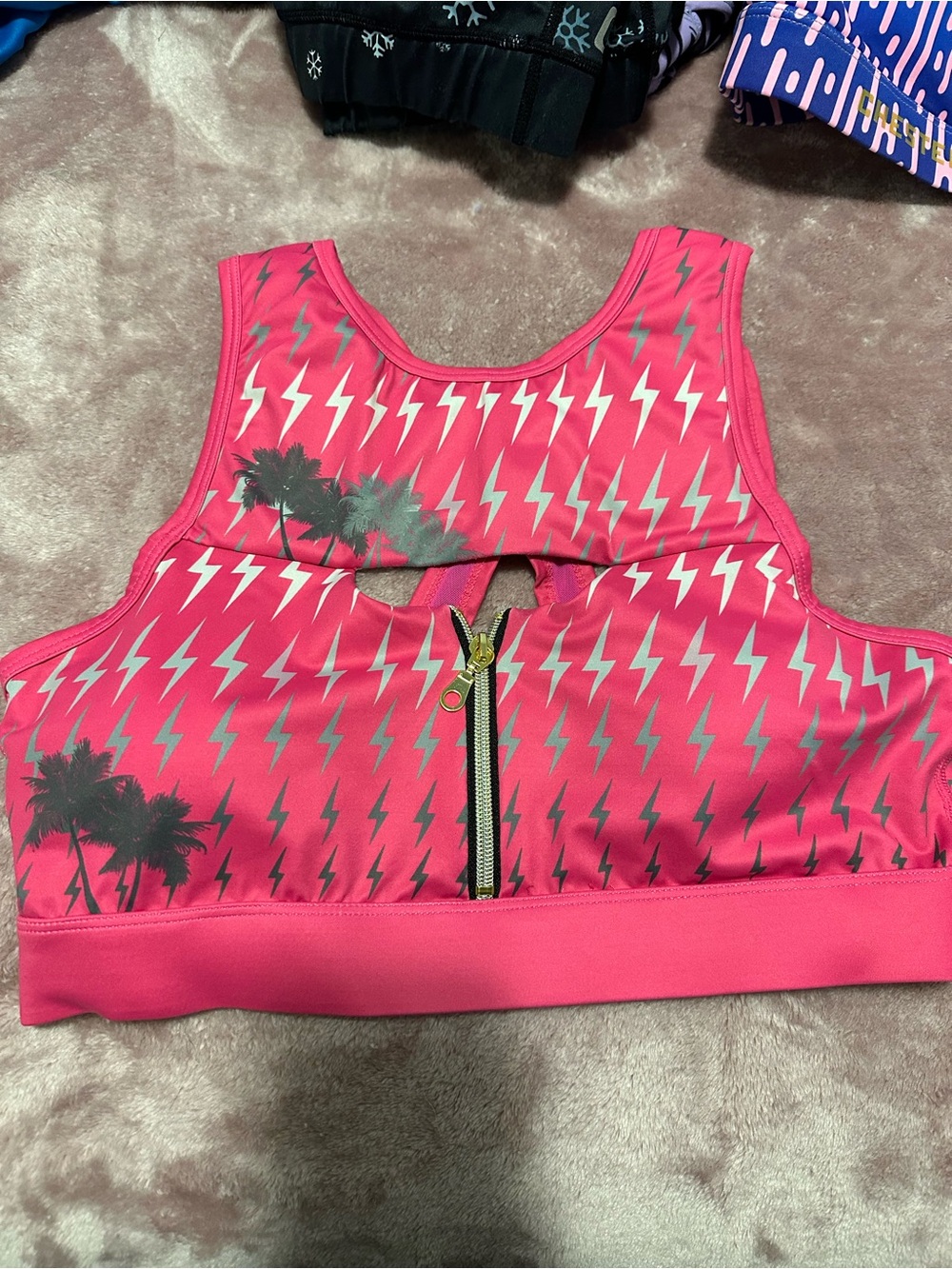 The Chestee Pink Lightning Bolt Sports Bra with Palm Tree Print
